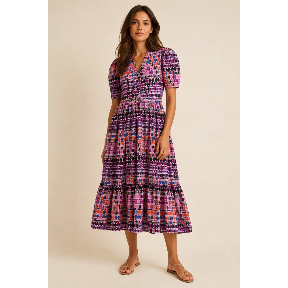 Rhode Women Small Pink Purple Dot Print Cotton Puff Sleeve Tiered Midi Dress